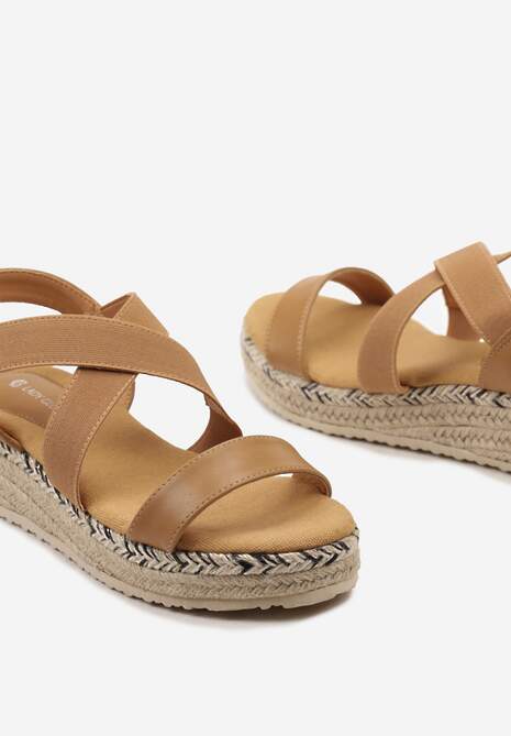 Brązowe Wsuwane Sandały na Niskim Koturnie z Jutową Plecionką Xarneli