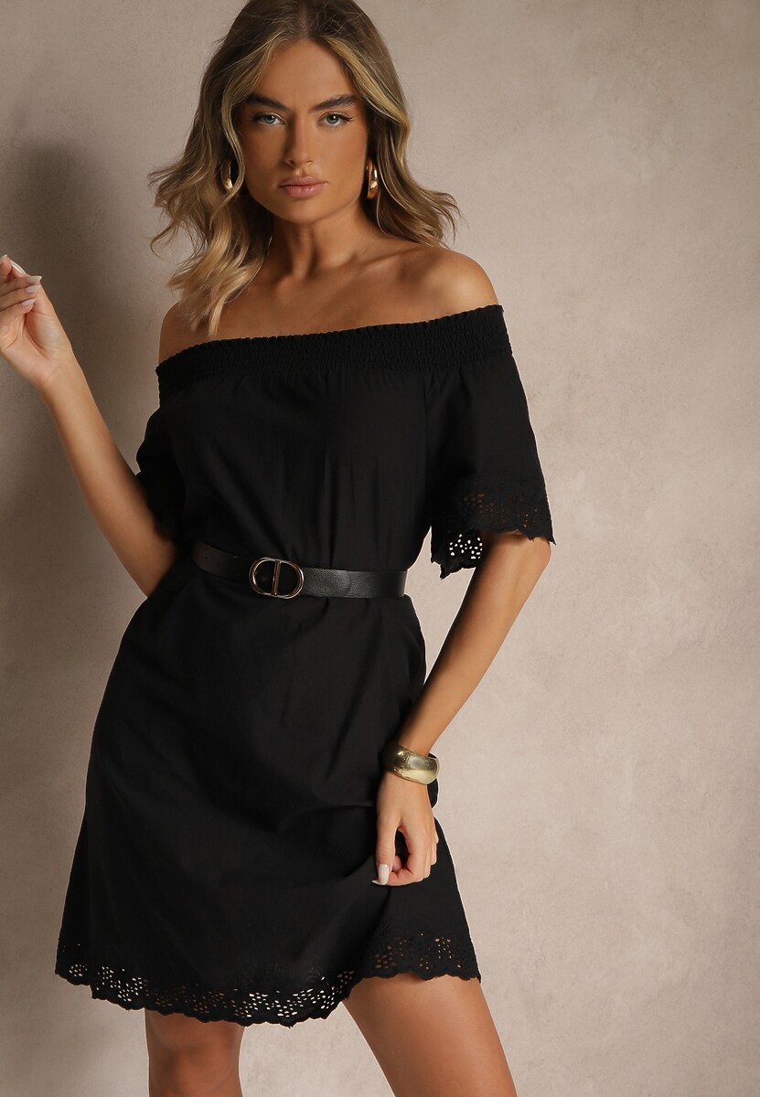 Pomarańczowa Sukienka o Kroju Hiszpanki z Bawełny z Ażurowymi Zdobieniami Filviana