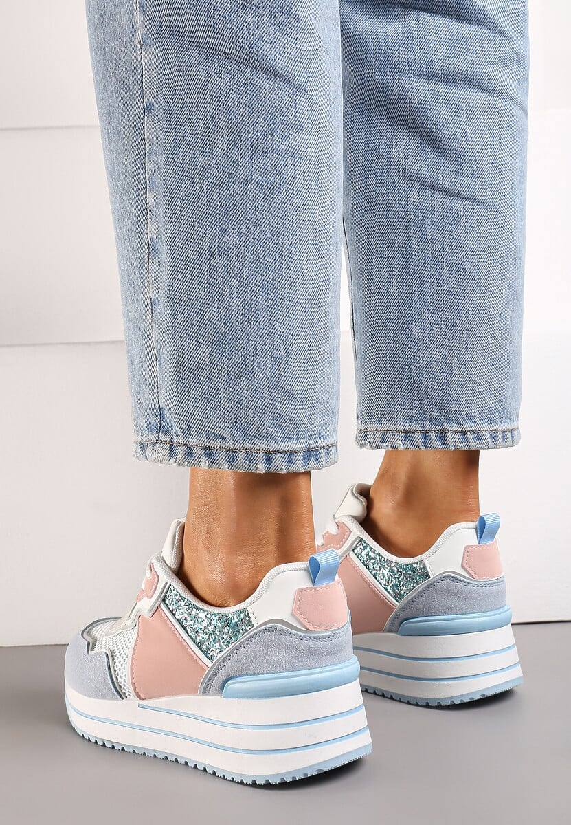 Niebieskie Sneakersy na Niskiej Platformie ze Wstawkami z Brokatu Quinnes