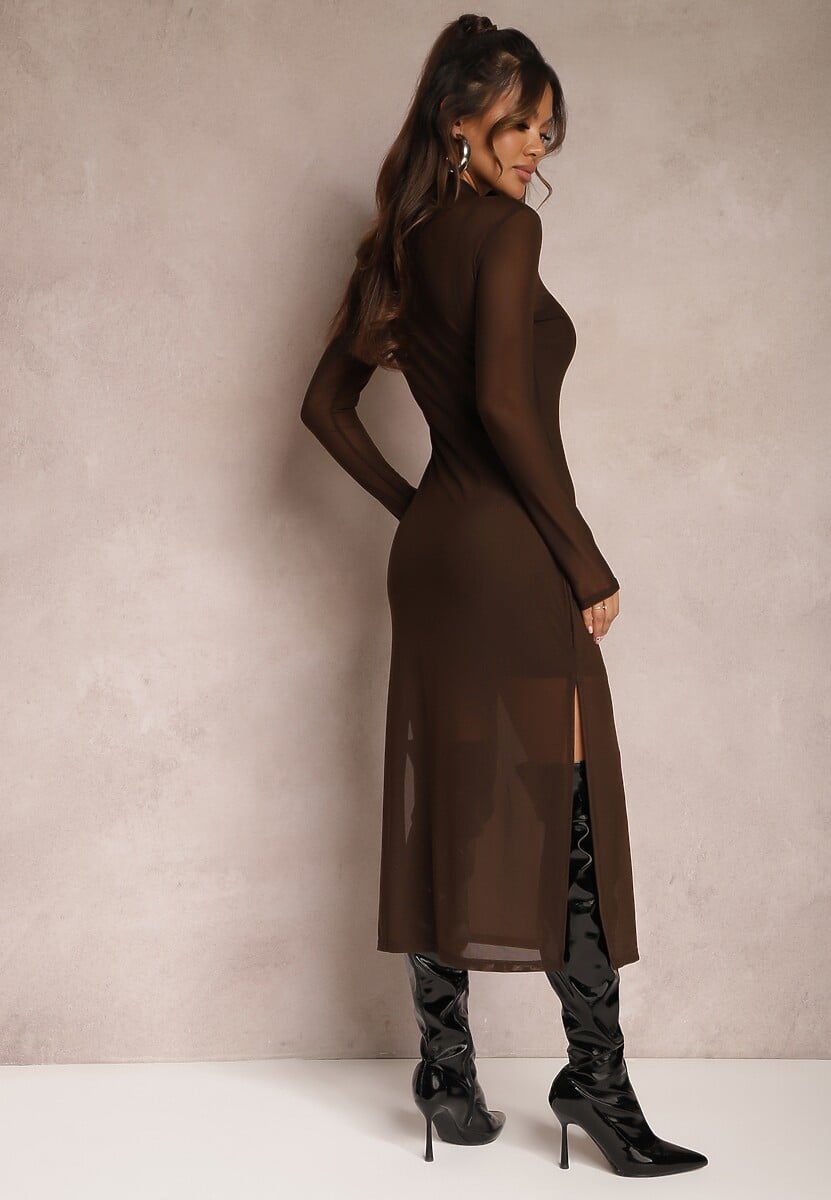 Brązowa Prześwitująca Sukienka Dzianinowa Midi z Halką Bavina
