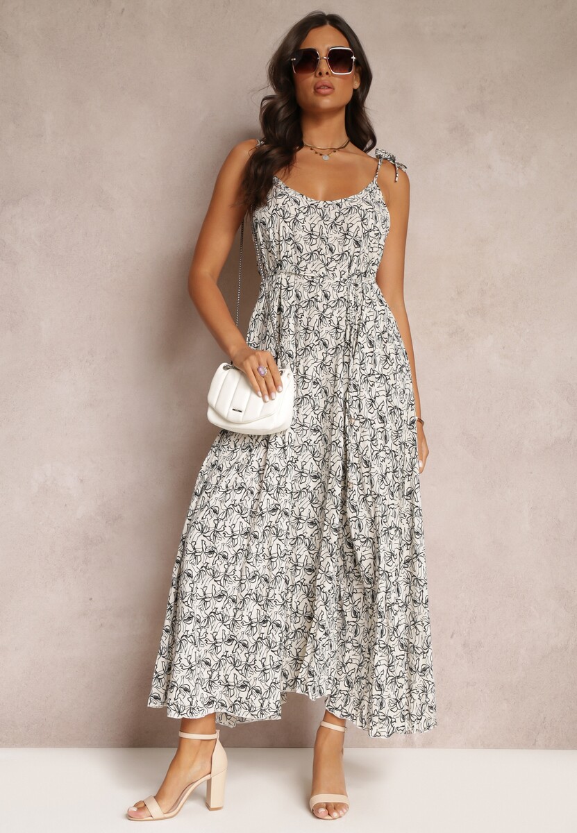 Biała Sukienka Maxi Wiązana na Ramionach z Rozkloszowanym Dołem Matiltta