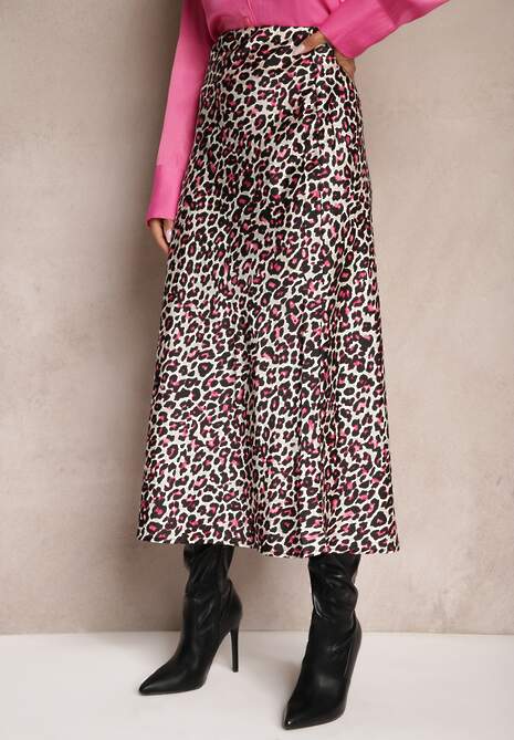 Fuksjowo-Czarna Spódnica High Waist ze Zwierzęcym Printem i Gumką w Talii Dimella