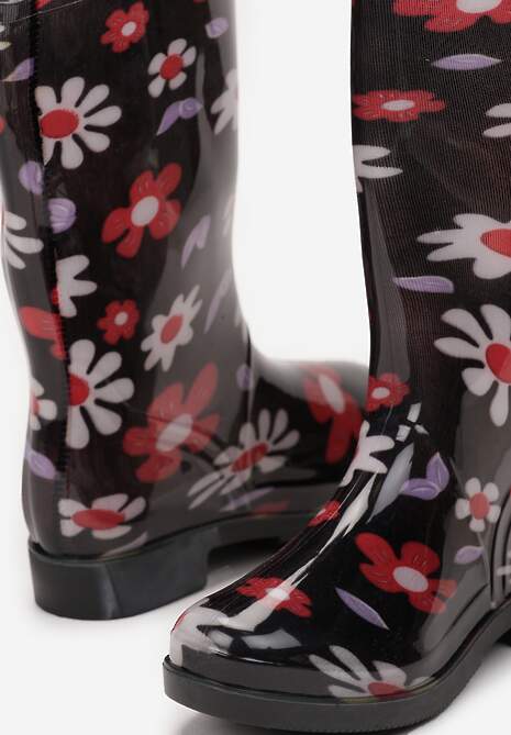 Czarno-Białe Gumowe Kalosze w Kwiaty Paviala