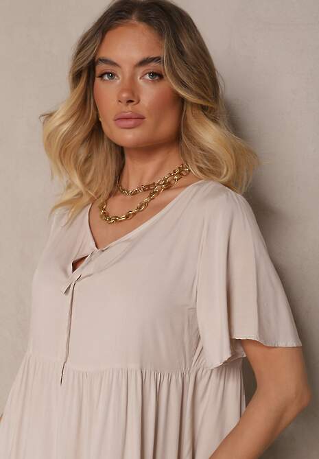 Jasnobeżowa Bawełniana Sukienka Rozkloszowana z Wiązaniem przy Dekolcie Mepova