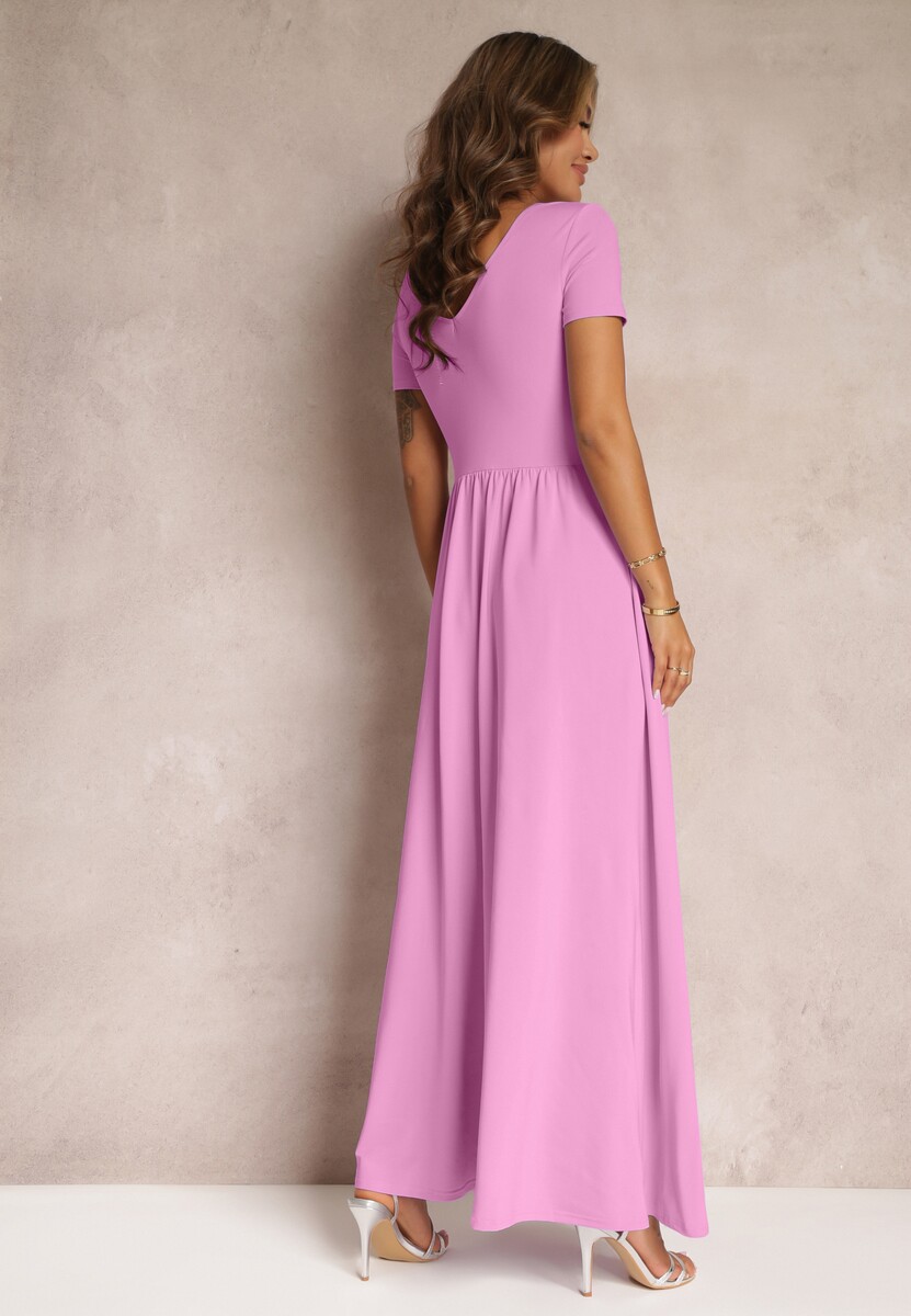 Różowa Sukienka Maxi z Rozkloszowanym Dołem i Rozcięciem Zarya