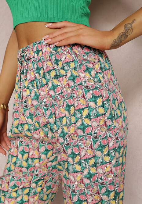 Zielone Wiskozowe Spodnie w Kwiaty z Gumką w Talii i Wysokim Stanem Toriana