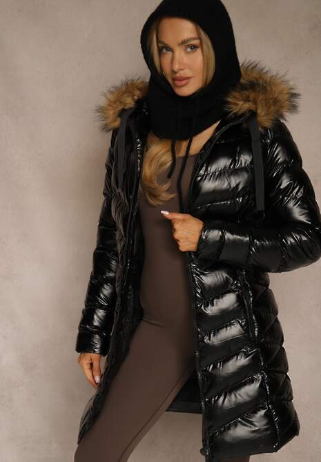 Czarno-Brązowa Kurtka Pikowana  o Długim Kroju Ozdobiona Sznurkami i Odpinanym Futerkiem Lorrina