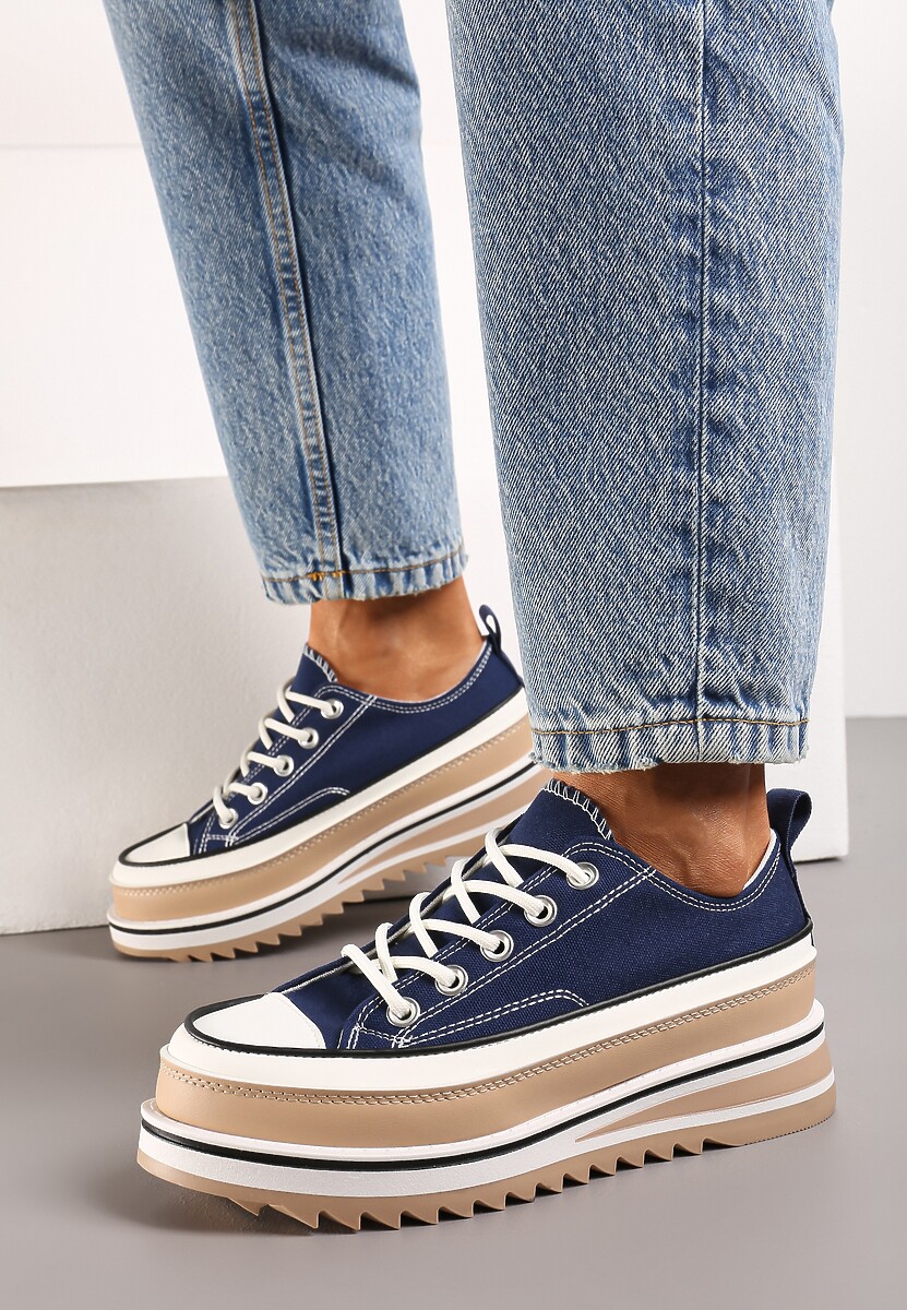 Granatowe Trampki na Ozdobnej Platformie ze Sznurowaniem Moonoria