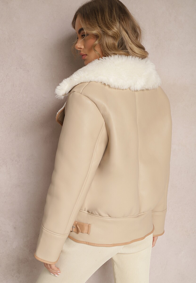 Jasnobeżowa Kurtka Pilotka z Ozdobnym Futerkiem Belwina