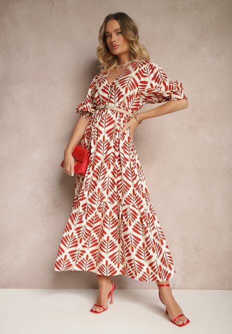Czerwona Sukienka z Wiskozą o Rozkloszowanym Kroju w Roślinny Wzór Heledis