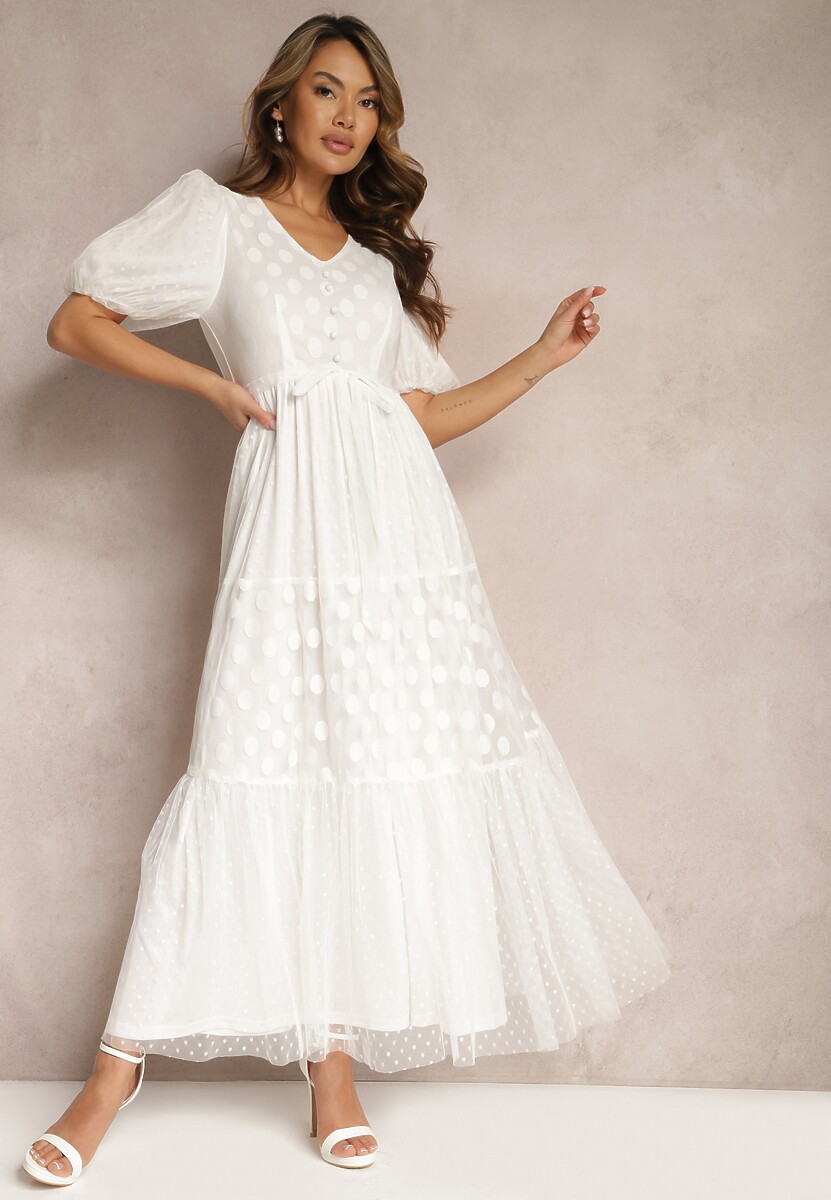 Beżowo-Czarna  Maxi Sukienka Tiulowa Rozkloszowana z Paskiem i Bufiastymi Rękawami Bervilla