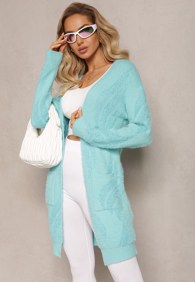 Miętowy Luźny Kardigan Niezapinany z Dłuższym Włosiem Karsta