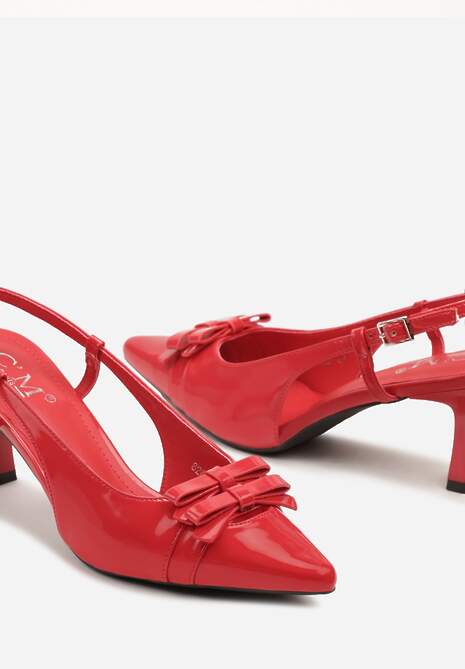 Czerwone Lakierowane Sandały na Obcasie z Noskiem w Szpic z Kokardkami Noravis
