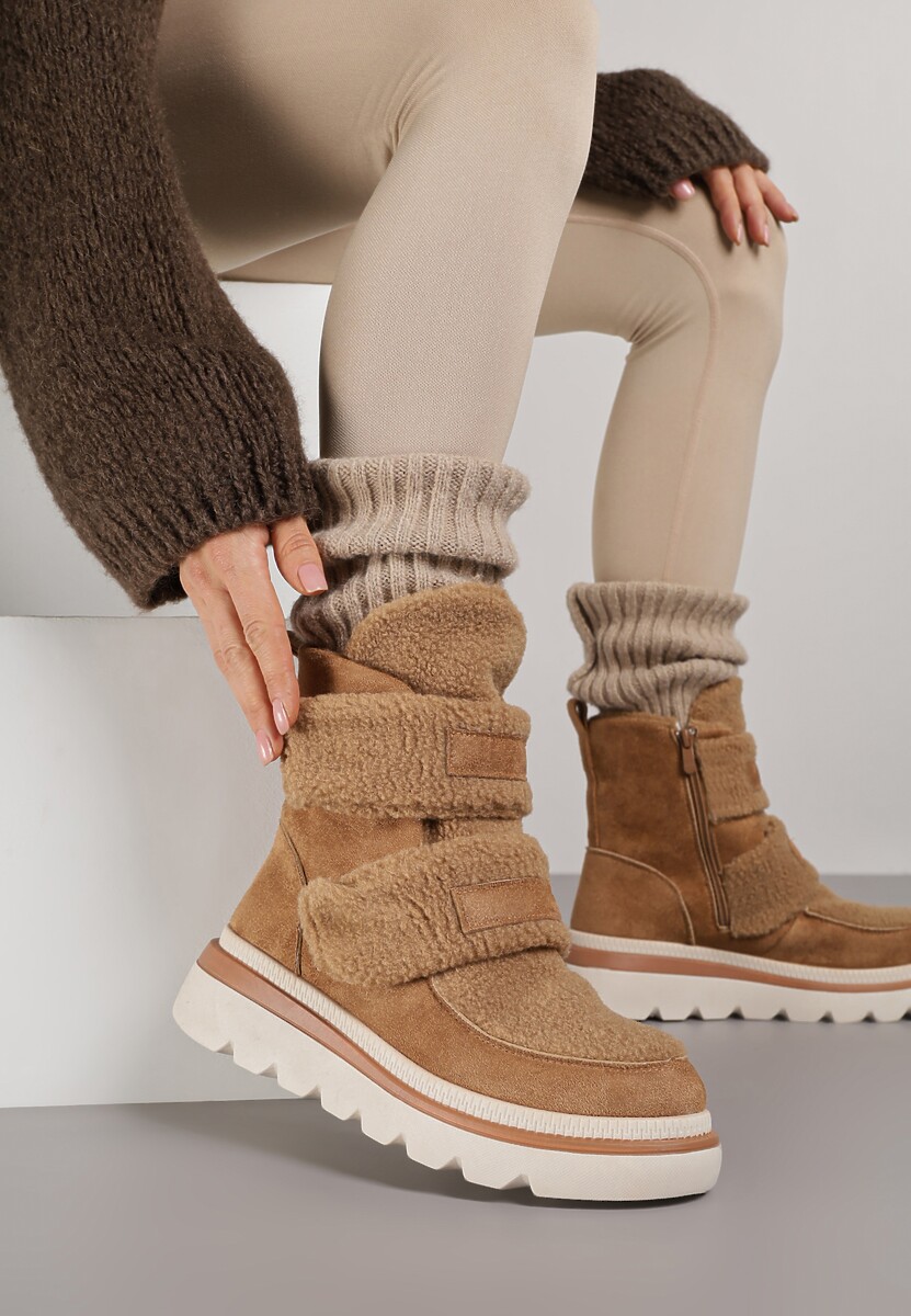 Brązowe Botki Typu Śniegowce na Platformie z Dwoma Ozdobnymi Rzepami Edarlia