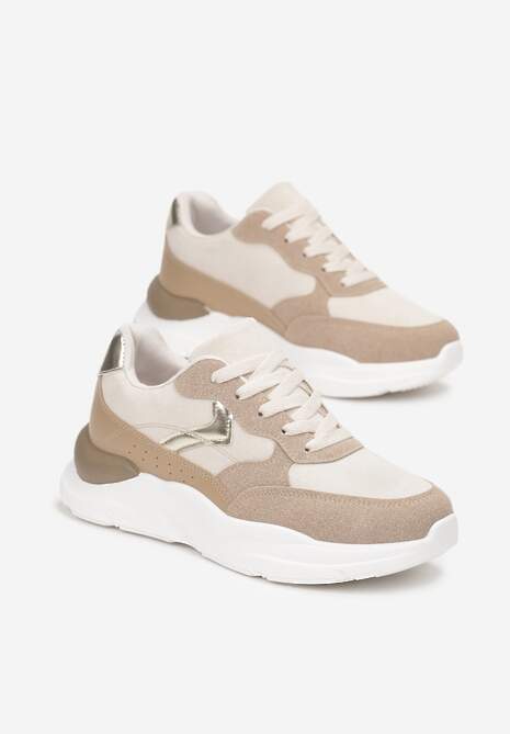 Ciemnobeżowe Sneakersy na Grubej Podeszwie z Ozdobnymi Wstawkami Alechan