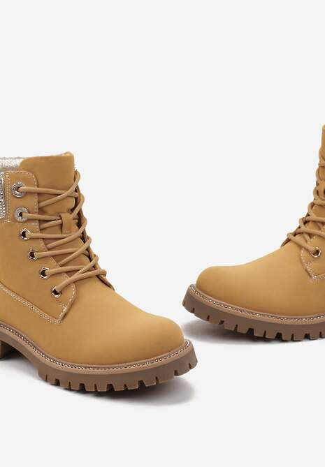 Brązowe Botki Traperki na Płaskiej Podeszwie z Przeszyciami i Cyrkoniami Flurella