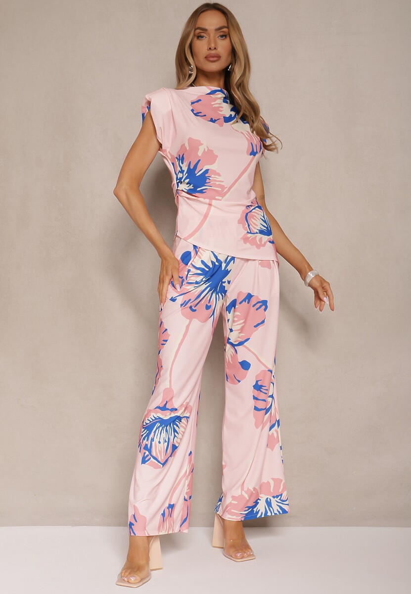 Różowy Komplet Marszczona Bluzka o Asymetrycznym Kroju i Szerokie Spodnie w Kwiaty Linidia