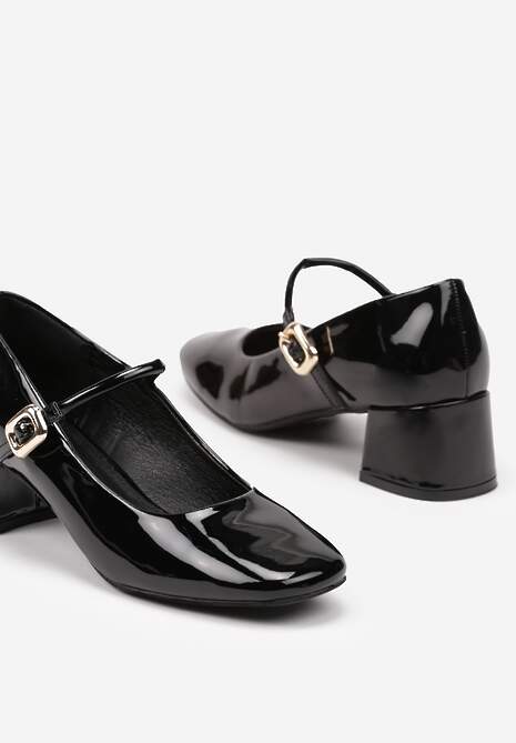 Czarne Czółenka z Lakierowanym Połyskiem na Niskim Obcasie z Paskiem z Klamerką Serittia