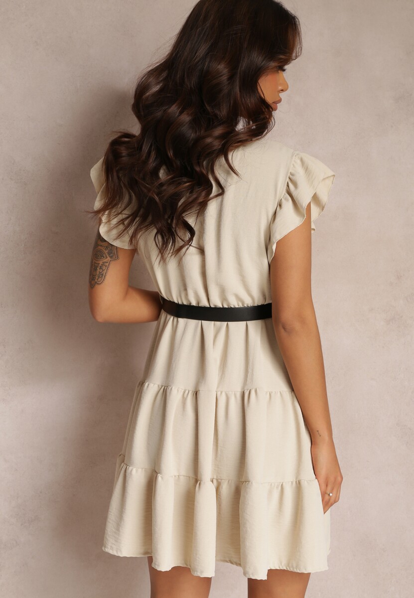 Jasnobeżowa Sukienka Mini z Falbankami Paskiem i Gumką w Talii Lavada