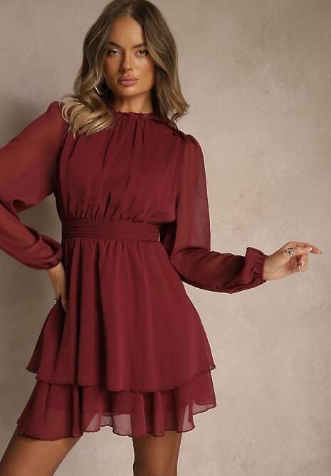 Bordowa Sukienka z Siateczki o Rozkloszowanym Kroju z Bufiastymi Rękawami Aziva