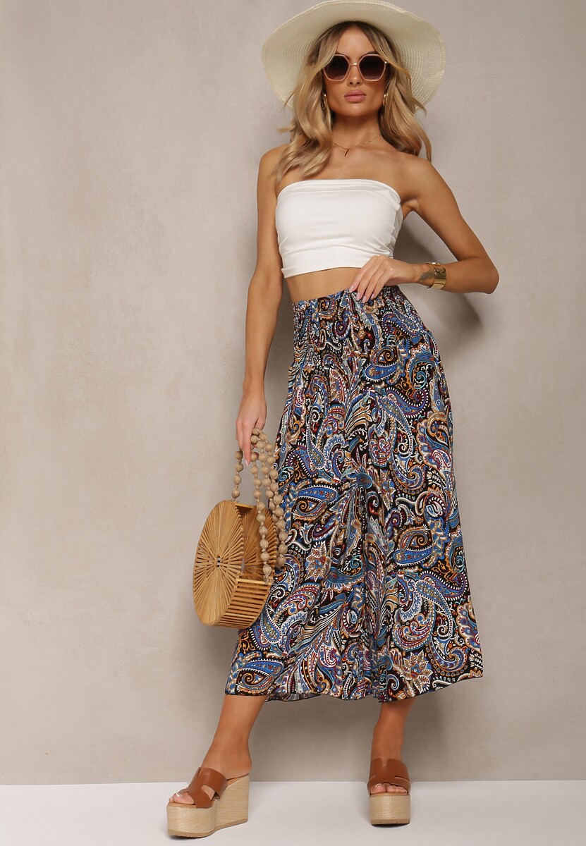 Czarno-Granatowe Spodnie Culottes z Bawełnianej Tkaniny Ozdobione Wzorem Paisley Gwinamas