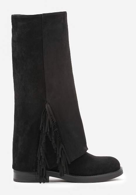 Czarne Kozaki Ozdobione Frędzlami i Wywiniętą Cholewką Reilevia