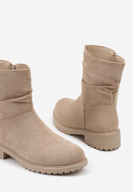Ciemnobeżowe Botki z Imitacji Zamszu z Marszczoną Cholewką do Kostki Ilora