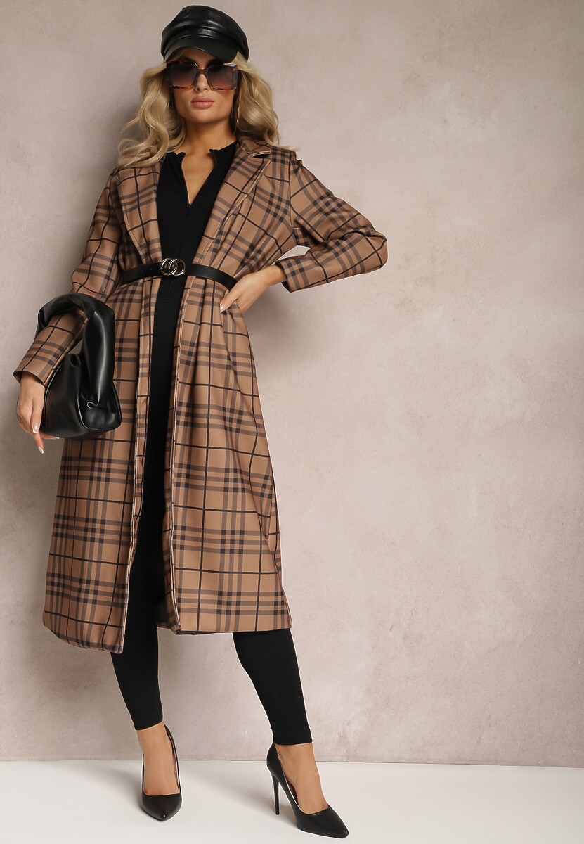 Jasnobrązowy Płaszcz Długi w Geometryczny Wzór z Paskiem Charlo