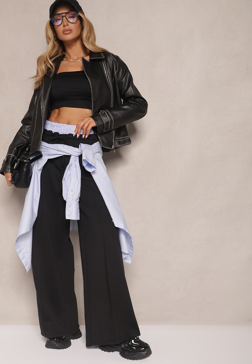 Czarna Kurtka Typu Ramoneska Zdobiona Kontrastowymi Przeszyciami i Nitami Adivona