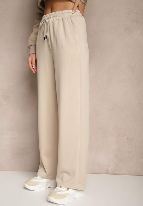 Beżowe Spodnie z Dodatkiem Wiskozy Dresowe High Waist Ellanoria
