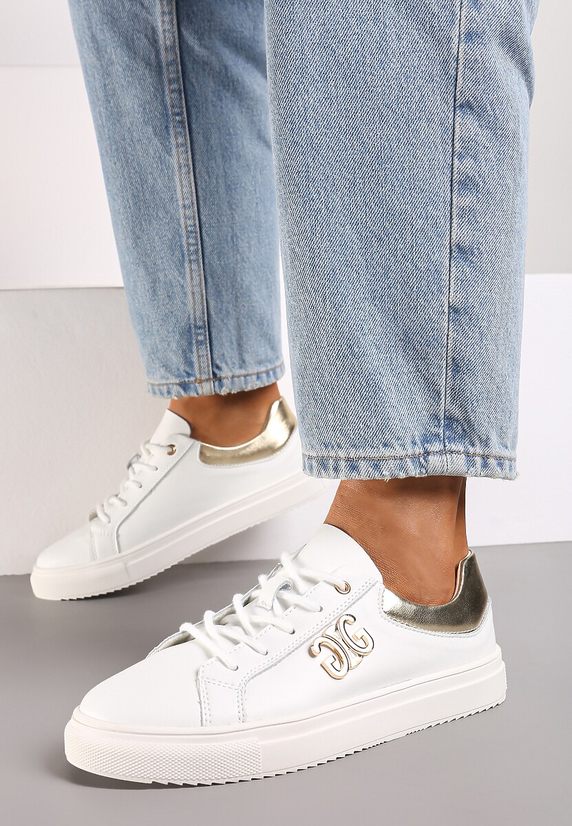 Biało-Złote Sneakersy na Płaskiej Podeszwie ze Skóry Naturalnej z Aplikacją 3D Milisea