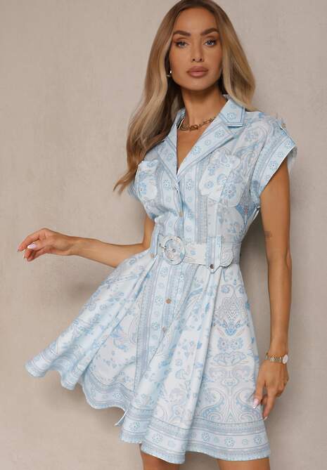 Niebieska Koszulowa Sukienka z Wiskozy z Paskiem z Klamrą Nitalana
