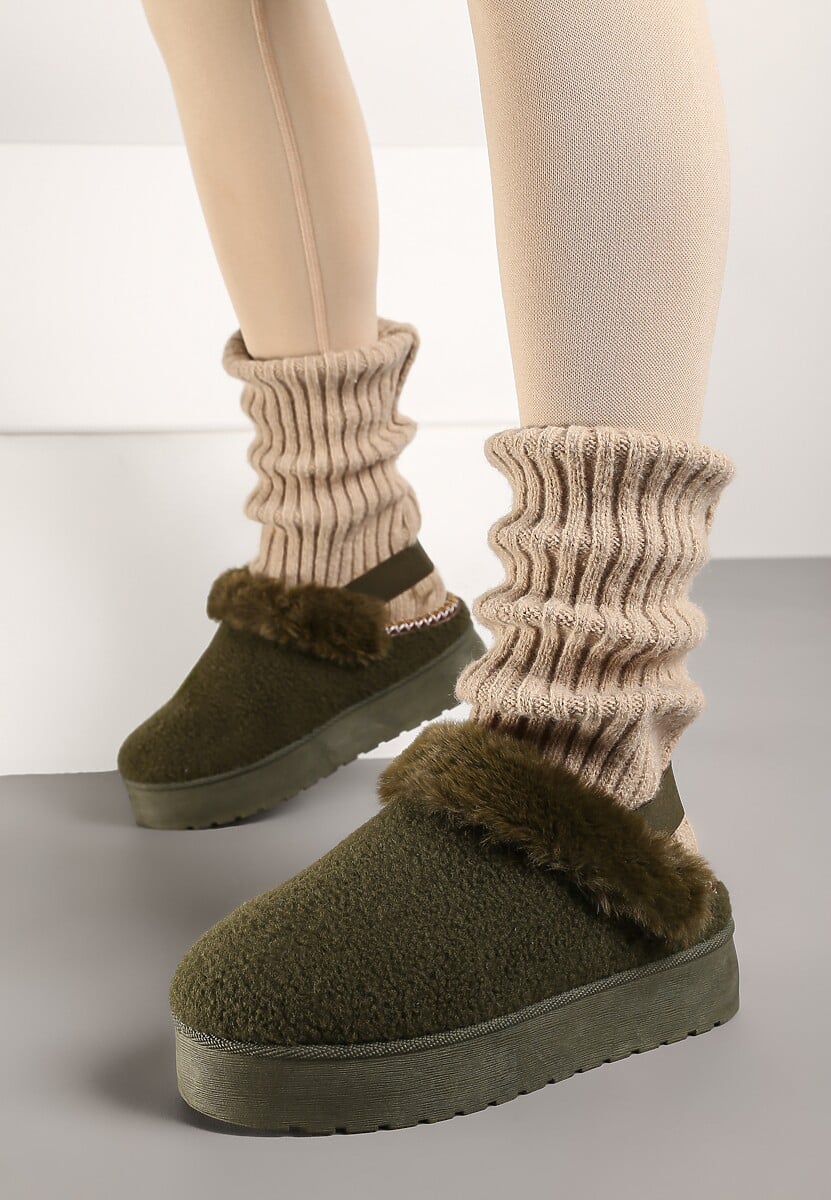 Zielone Futerkowe Śniegowce na Grubej Podeszwie z Gumką na Pięcie Sosena