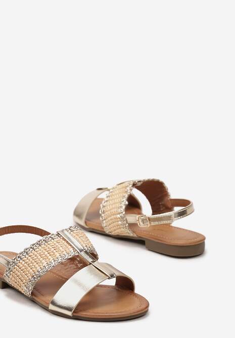 Złote Sandały z Ekoskóry ze Sprzączką z Metalicznymi Wstawkami i Plecionką Ursules