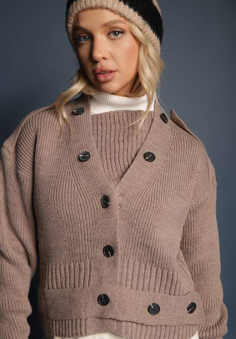 Ciemnobeżowy Klasyczny Kardigan z Ozdobnym Paskiem z Guzikami w Talii Tilika