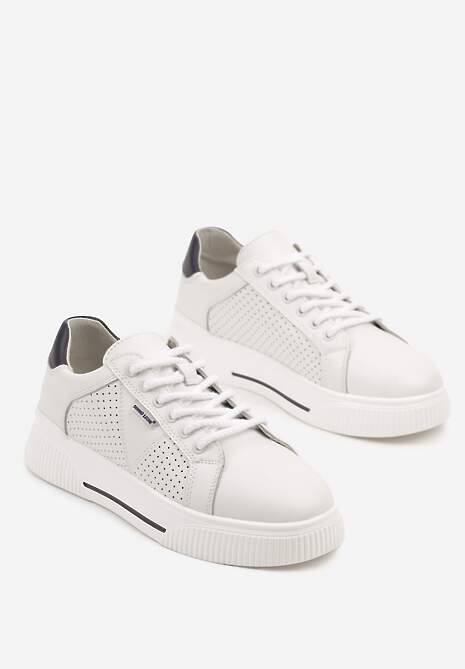 Białe Sneakersy Typu Tenisówki ze Skóry Naturalnej z Ozdobną Perforacją Vivallie