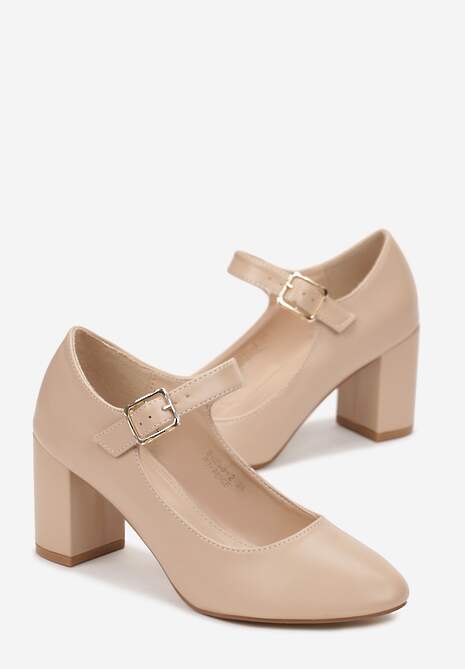 Beżowe Czółenka na Słupku z Paskiem i Migdałowym Noskiem Cornals