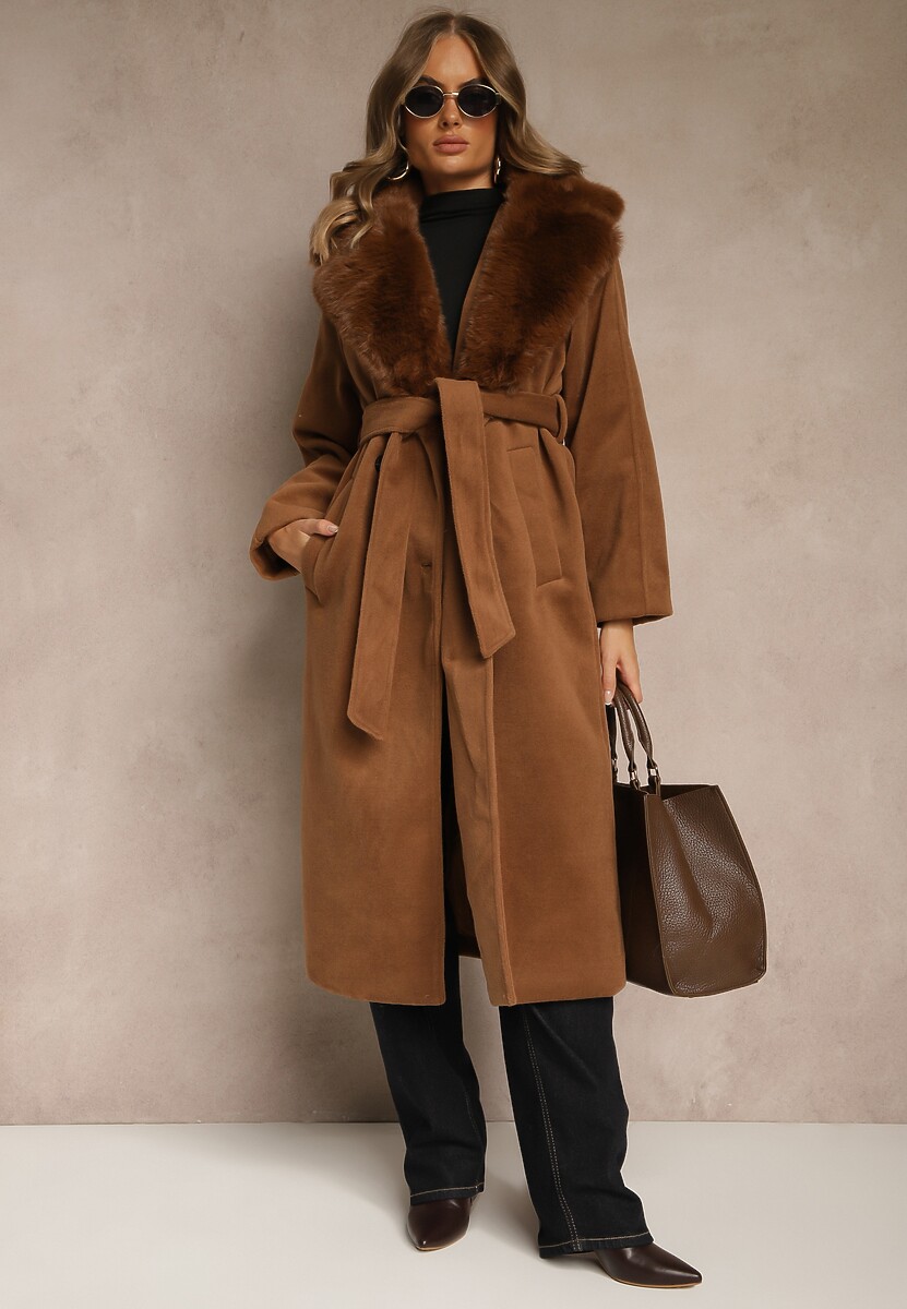 Brązowy Dwurzędowy Płaszcz Elegancki z Futrzanym Kołnierzem i Paskiem Ezanttia