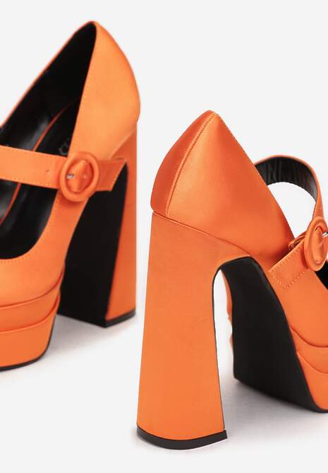 Pomarańczowe Czółenka Satynowe na Wysokim Słupku i Platformie Zoyi