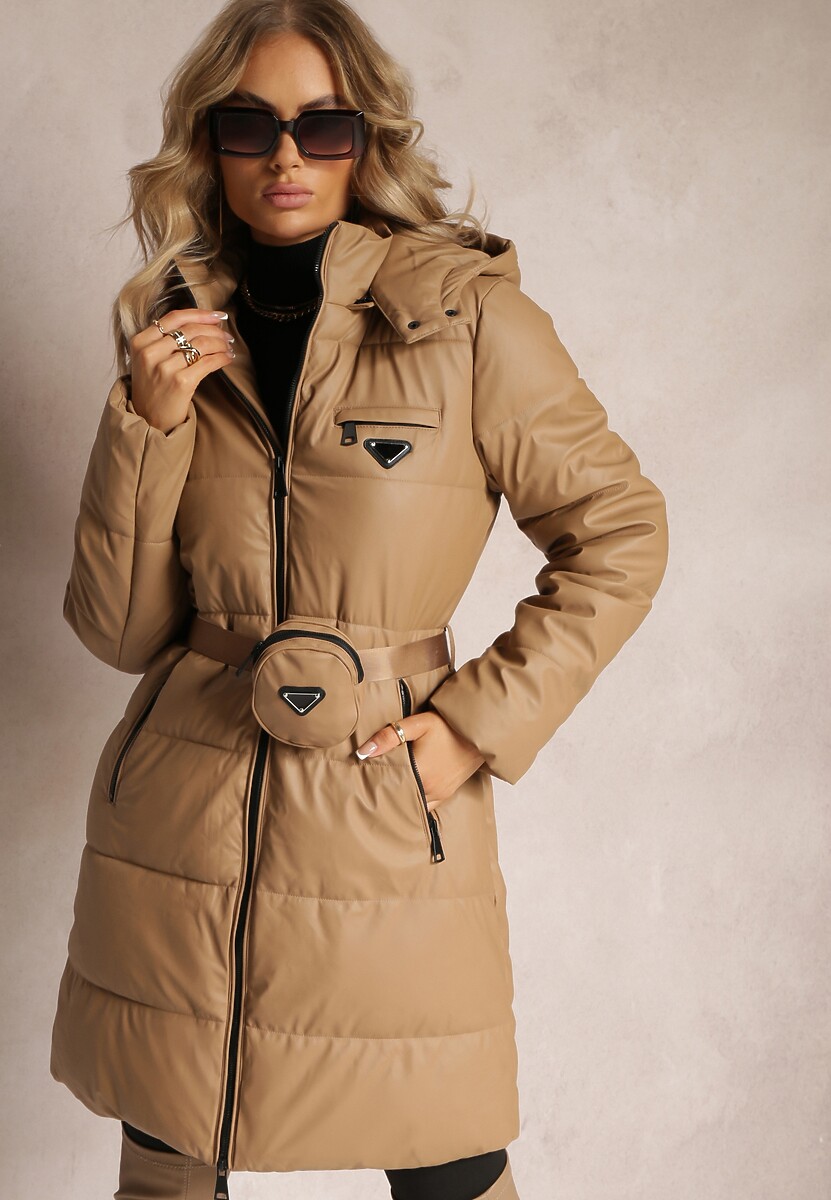 Beżowa Długa Kurtka z Paskiem Płaszcz z Okrągłą Saszetką w Komplecie Nabili