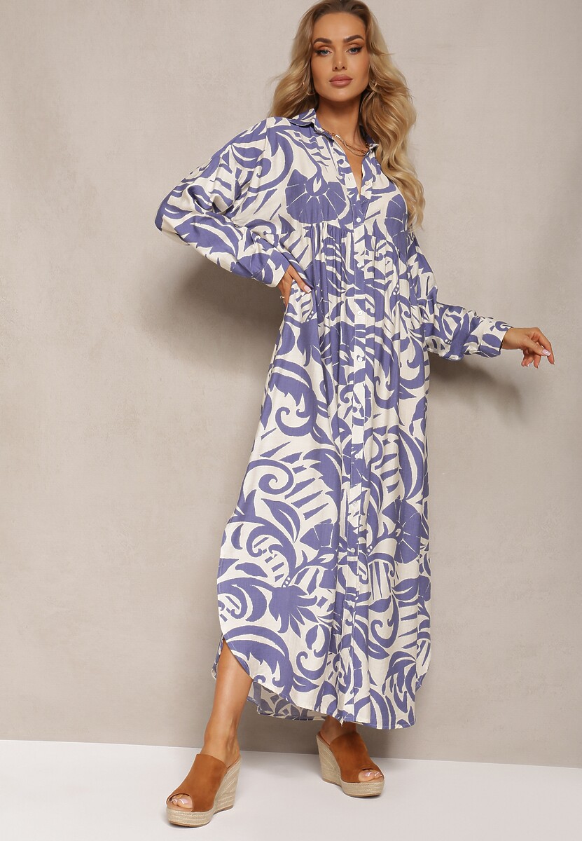 Biało-Fioletowa Rozkloszowana Sukienka w Kroju Szmizjerki z Zapięciem na Guziki i Falbanką Kelloena