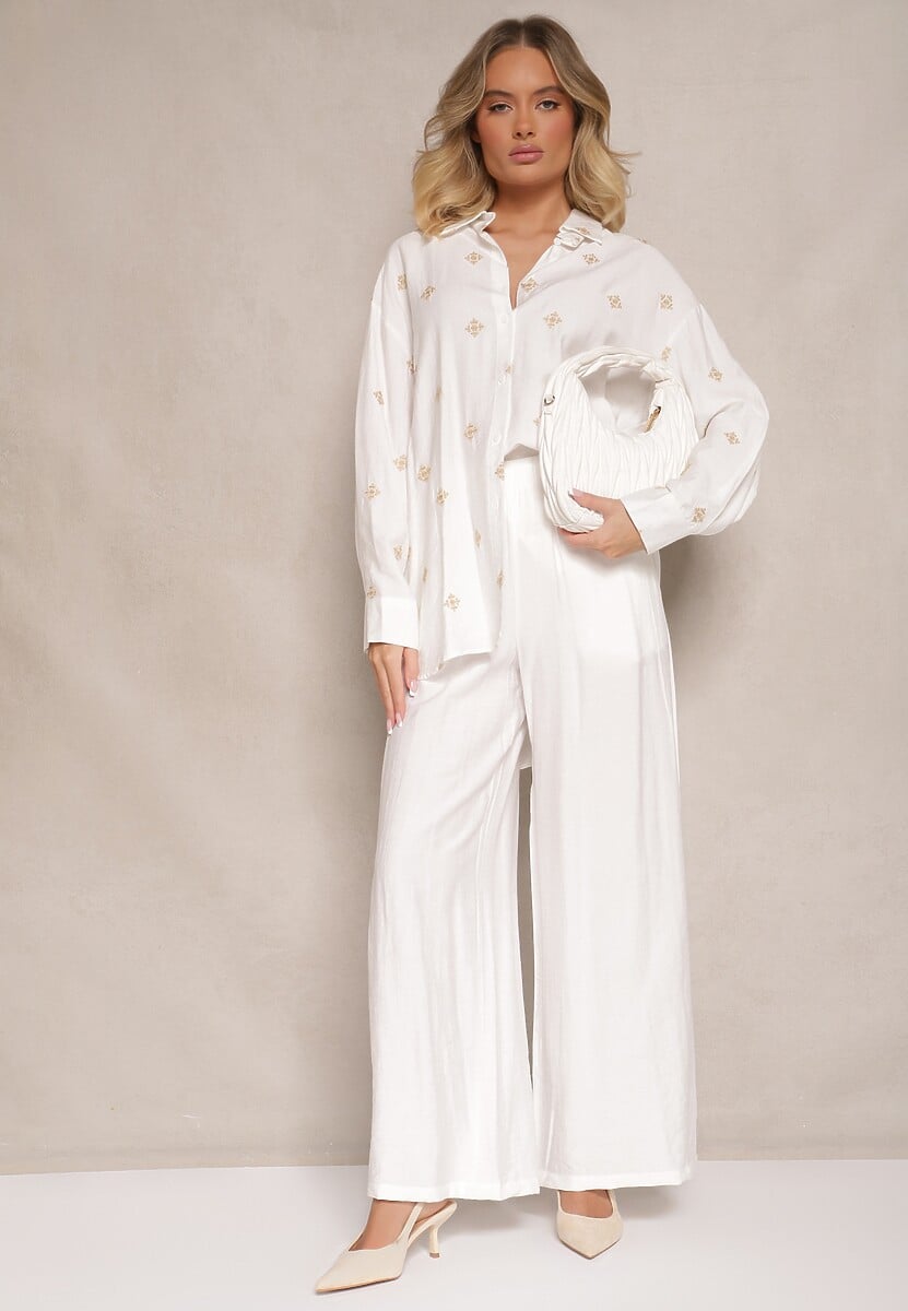 Jasnobeżowy Komplet z Wiskozy Koszula Zdobiona Haftem i Szerokie Spodnie Hanarella