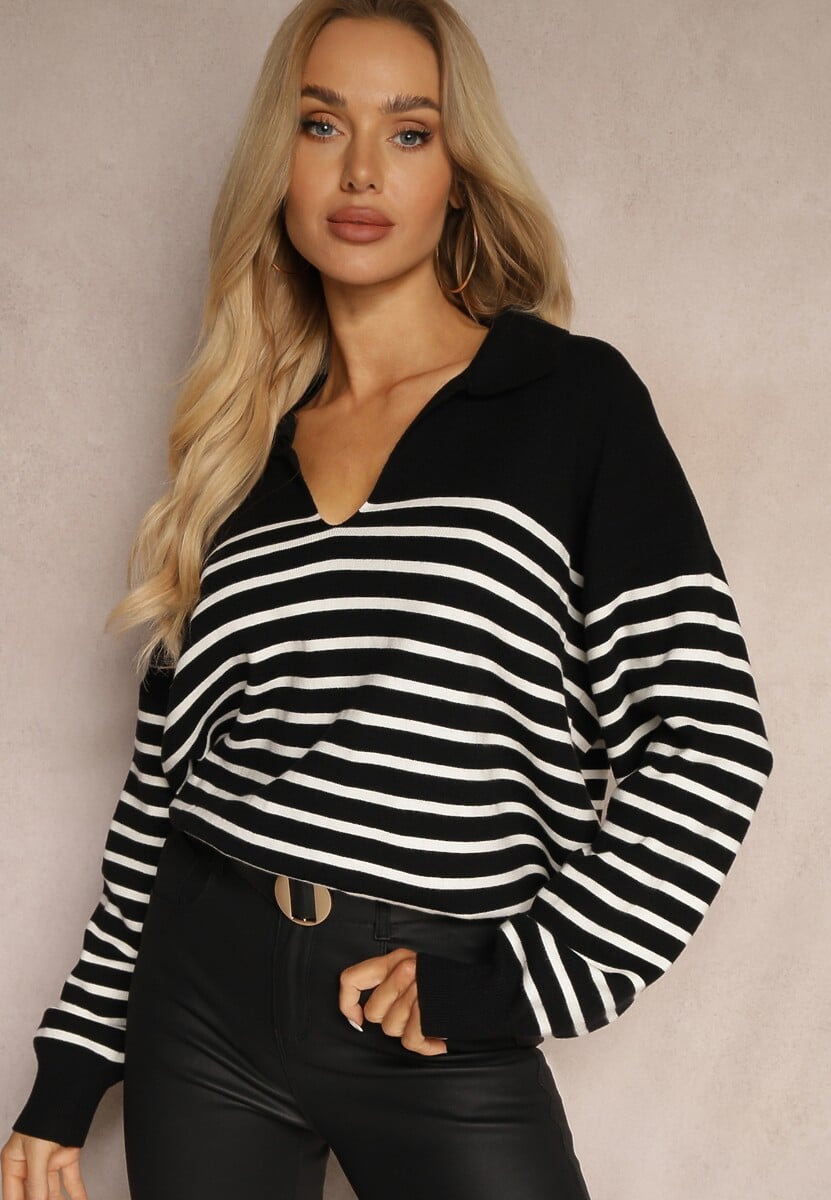 Czarny Sweter w Paski Ozdobiony Kołnierzykiem i Wycięciem Irinalies