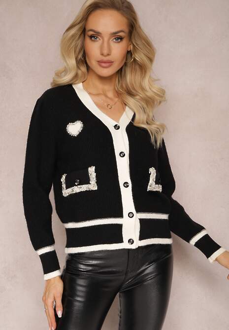 Czarny Wiskozowy Sweter Kardigan z Kontrastową Lamówką i Naszywkami Narjee