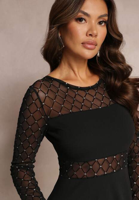 Czarna Rozkloszowana Sukienka Mini ze Wstawkami z Siateczki i Brokatu Liukas
