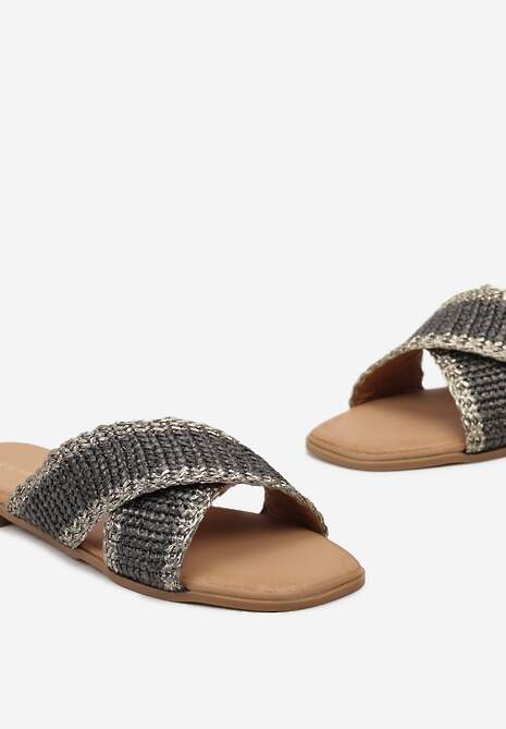 Ciemnoszare Ozdobnie Plecione Klapki na Płaskiej Podeszwie Neirika