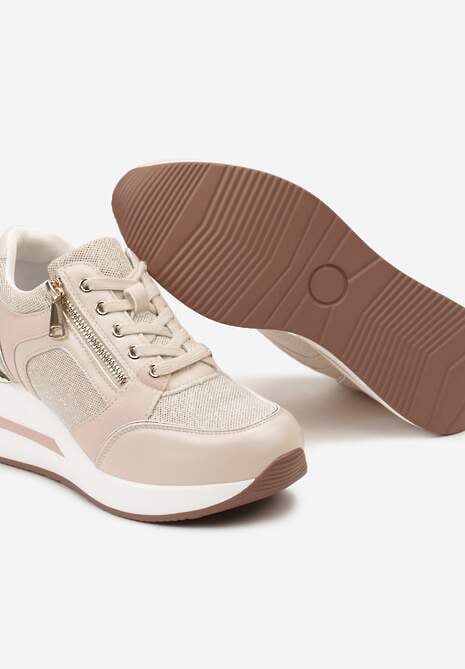 Beżowe Sneakersy na Koturnie Ozdobione Zamkiem Błyskawicznym i Metaliczną Wstawką Ellieti
