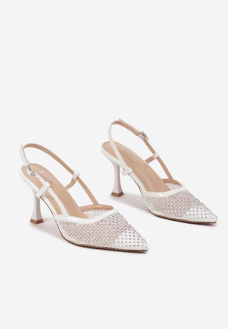 Białe Sandały na Szpilce z Odkrytą Piętą Siateczką i Cyrkoniami Arilen