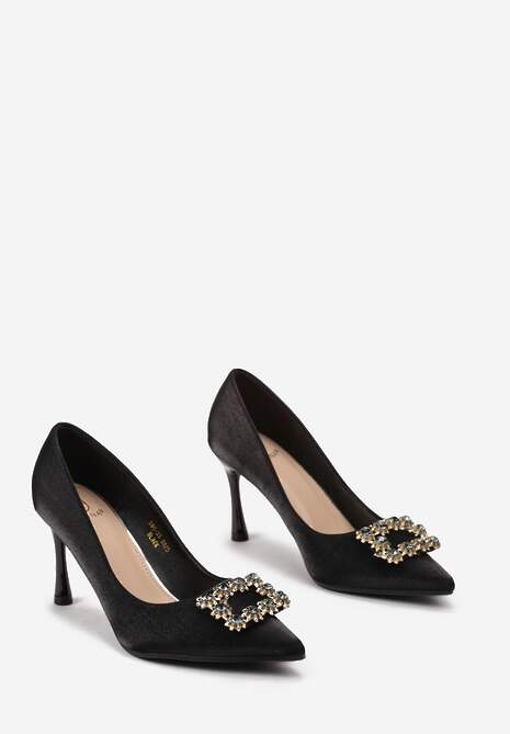 Czarne Szpilki z Metalicznym Połyskiem i Klamrą z Kryształkami Luneve