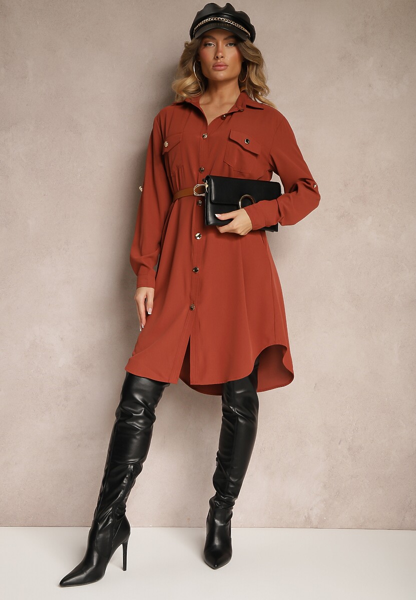 Brązowa Koszulowa Sukienka Ozdobiona Paskiem i Rękawem z Regulacją Esaviona